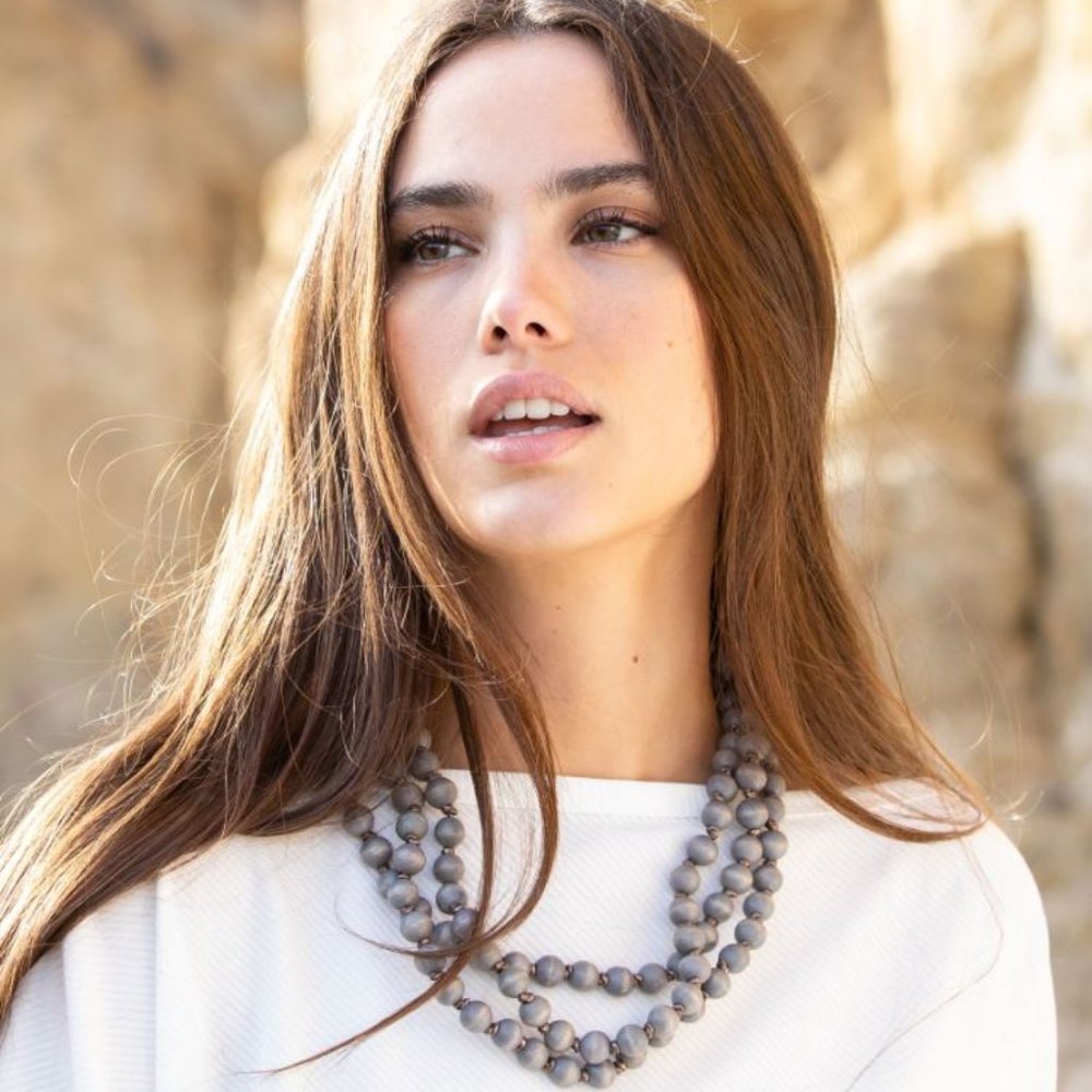 New Statement Necklace - Long Gray Large Beaded